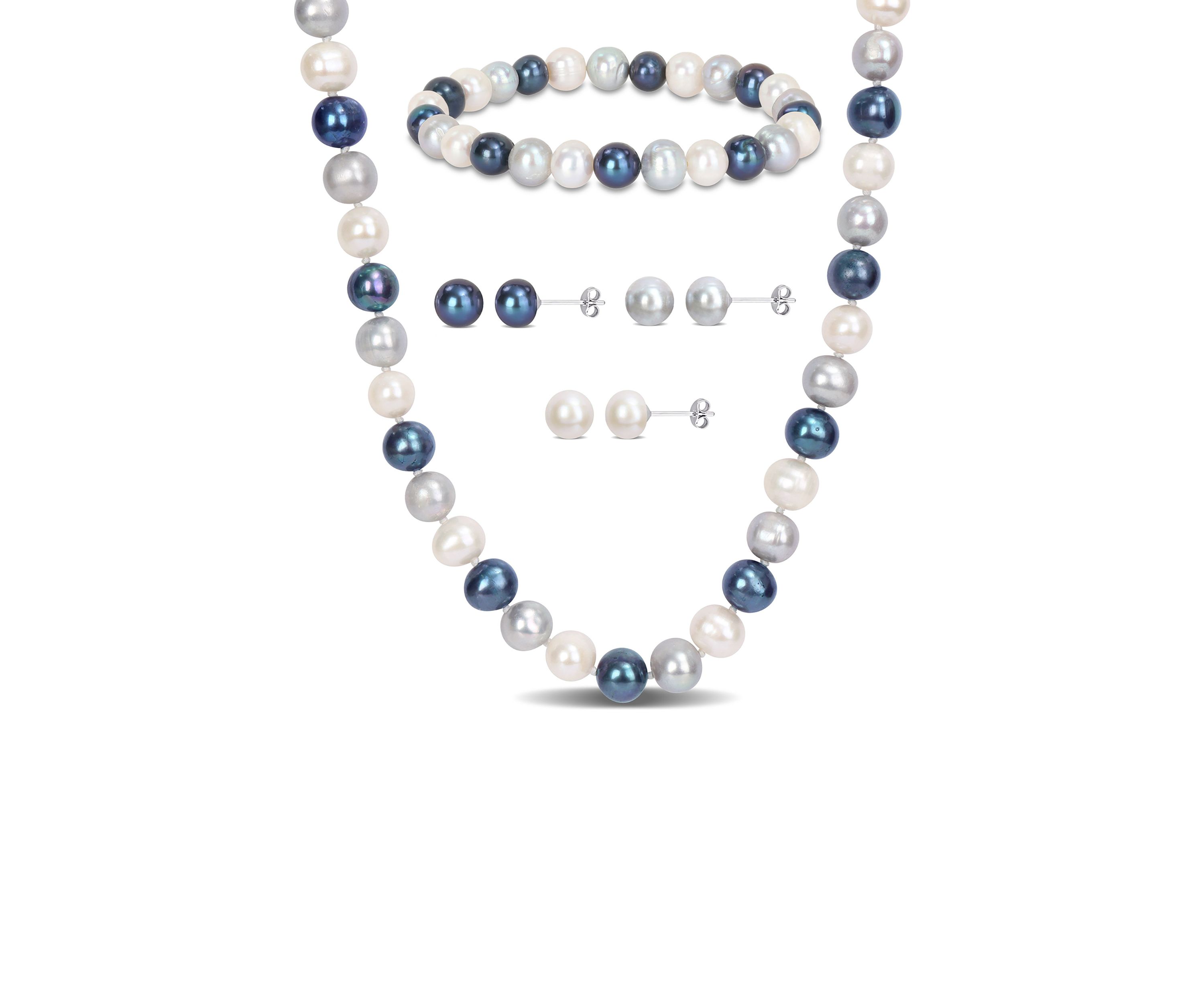7.5-8MM Multi-Color Freshwater Cultured Pearl 5-Piece Set of Necklace Earrings & Bracelet in Sterling Silver