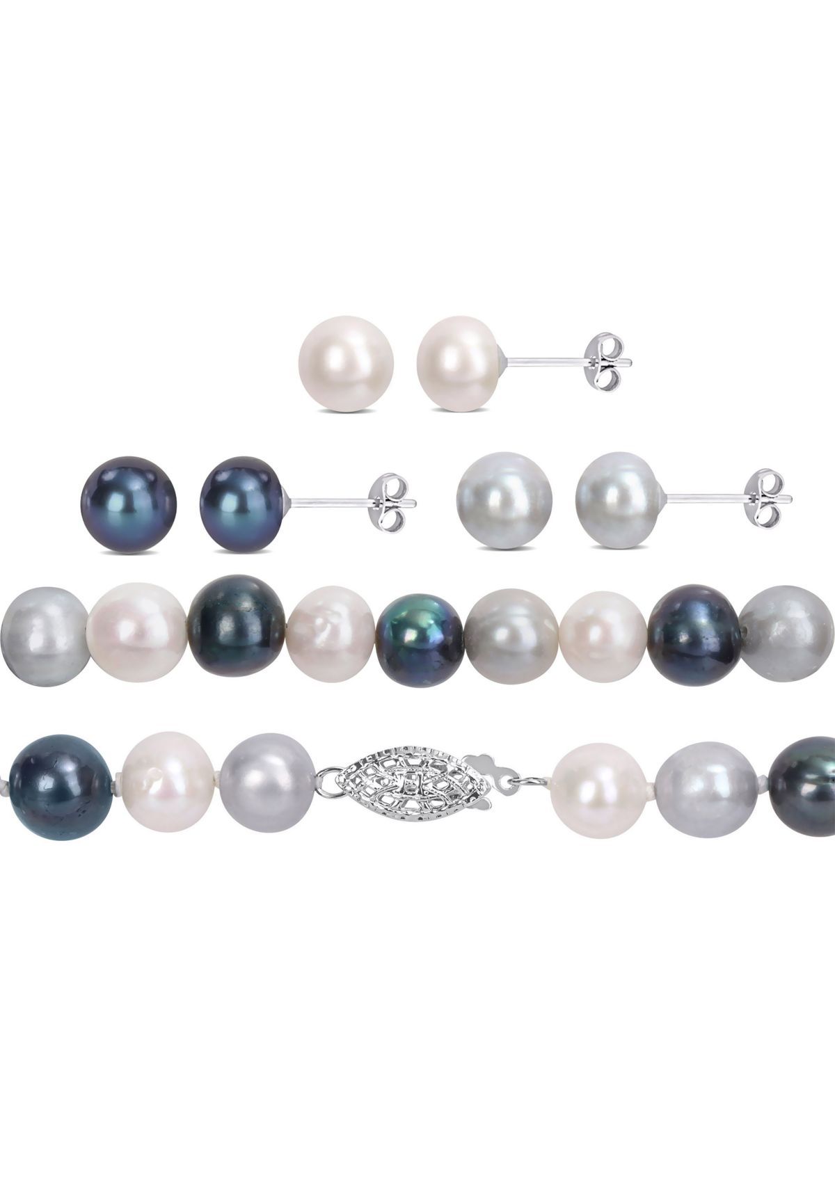 7.5-8MM Multi-Color Freshwater Cultured Pearl 5-Piece Set of Necklace Earrings & Bracelet in Sterling Silver