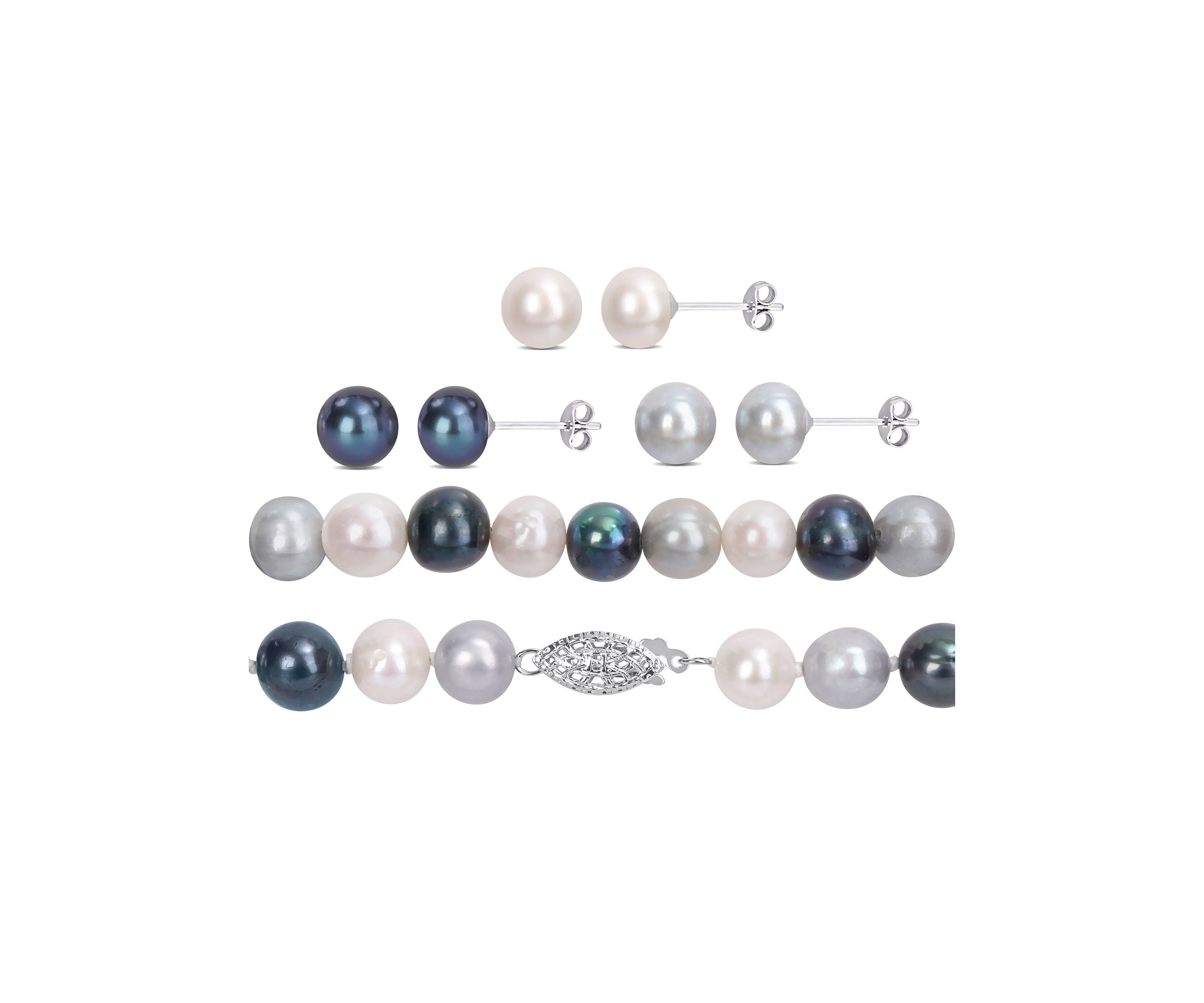 7.5-8MM Multi-Color Freshwater Cultured Pearl 5-Piece Set of Necklace Earrings & Bracelet in Sterling Silver