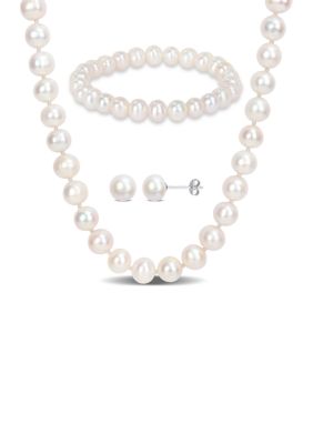 Belk & Co 3-Piece Set of Freshwater Cultured Pearl Necklace, Bracelet, Earrings in Sterling Silver, White