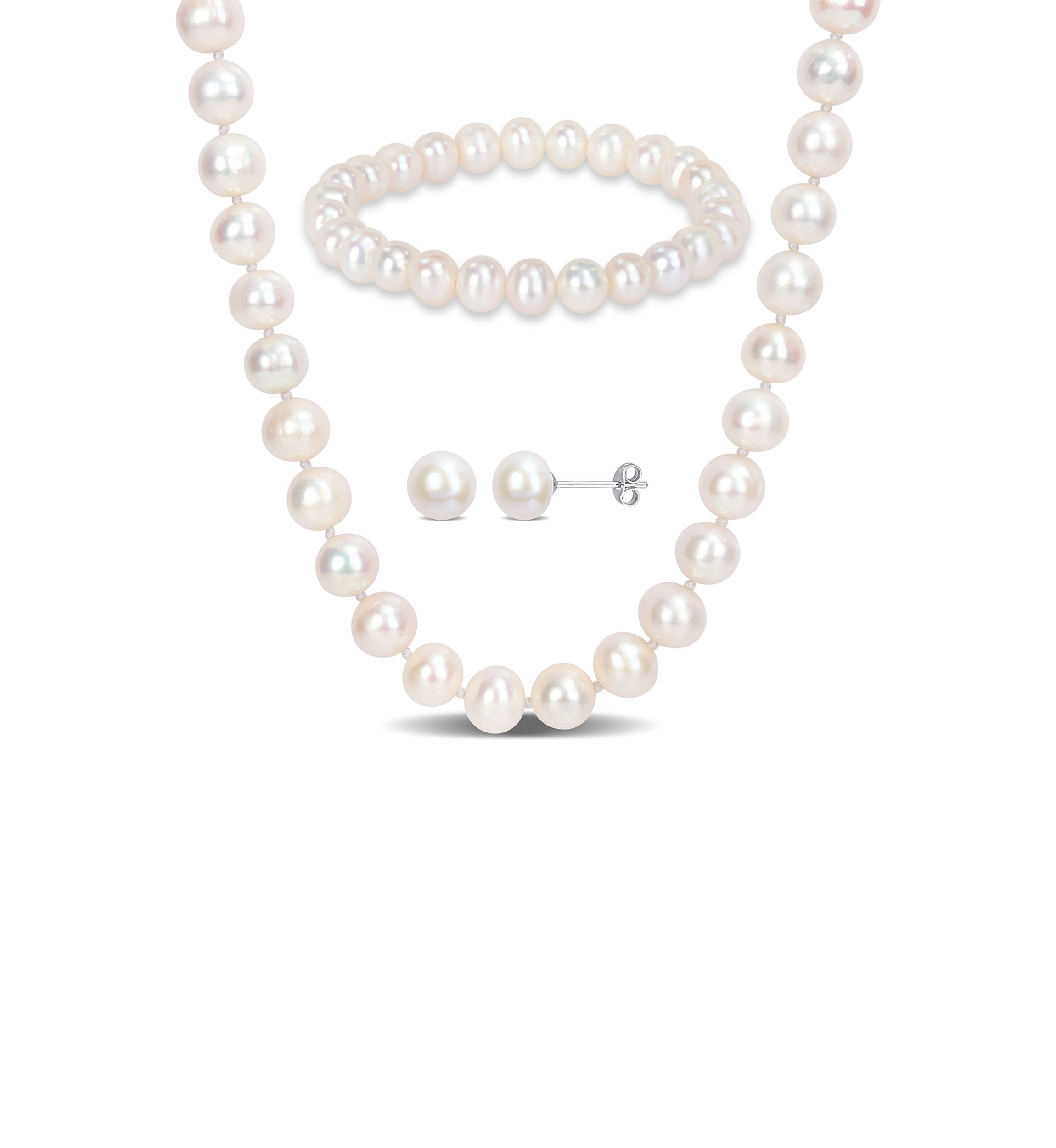 7.5-8MM Freshwater Cultured Pearl 3-Piece Set of Necklace Earrings & Bracelet in Sterling Silver