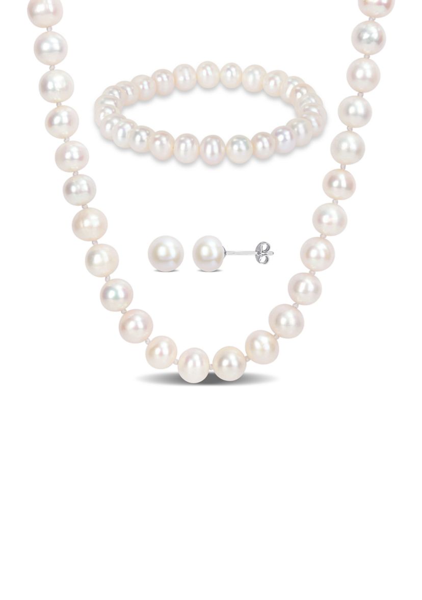 7.5-8MM Freshwater Cultured Pearl 3-Piece Set of Necklace Earrings & Bracelet in Sterling Silver
