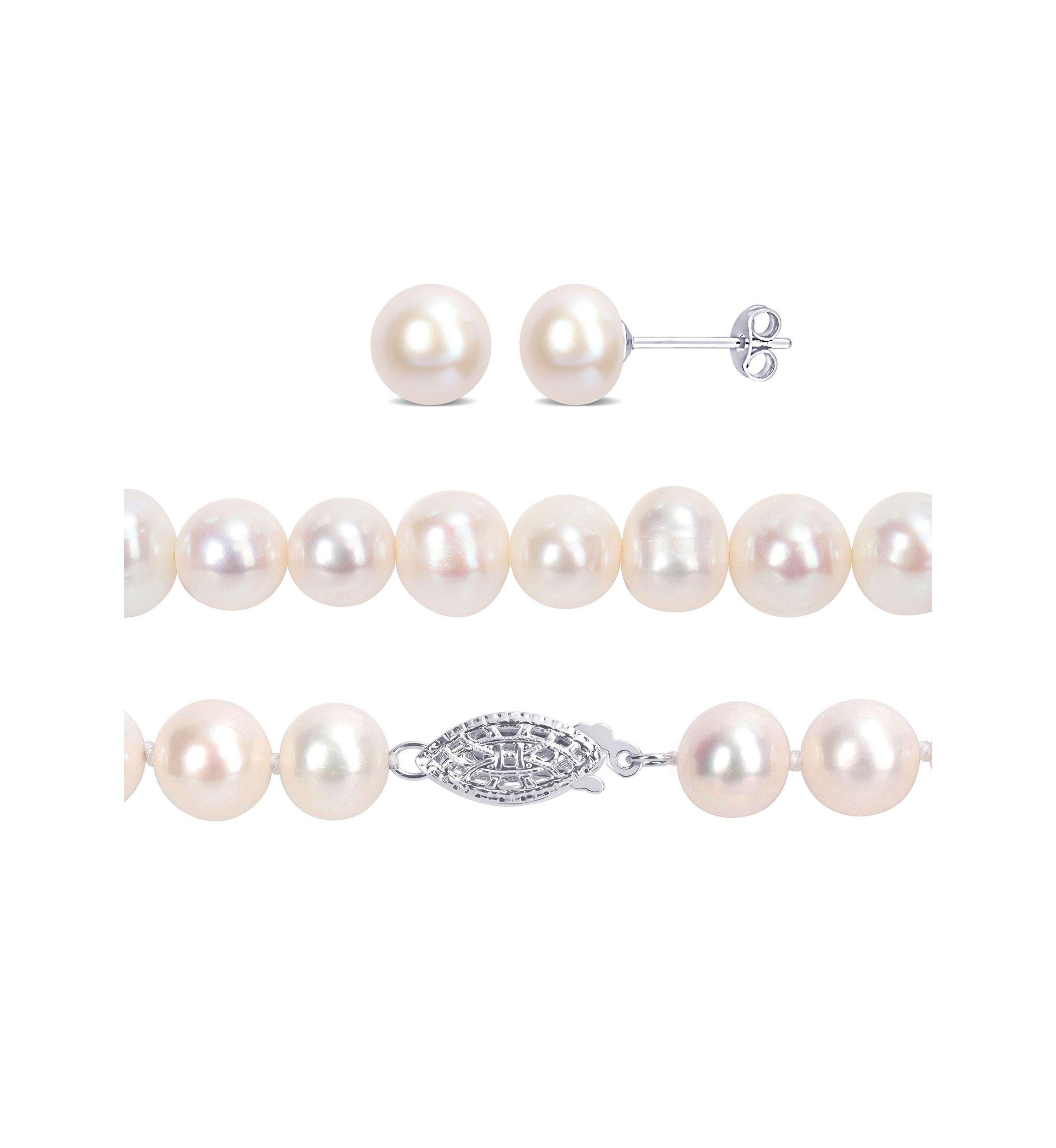 7.5-8MM Freshwater Cultured Pearl 3-Piece Set of Necklace Earrings & Bracelet in Sterling Silver