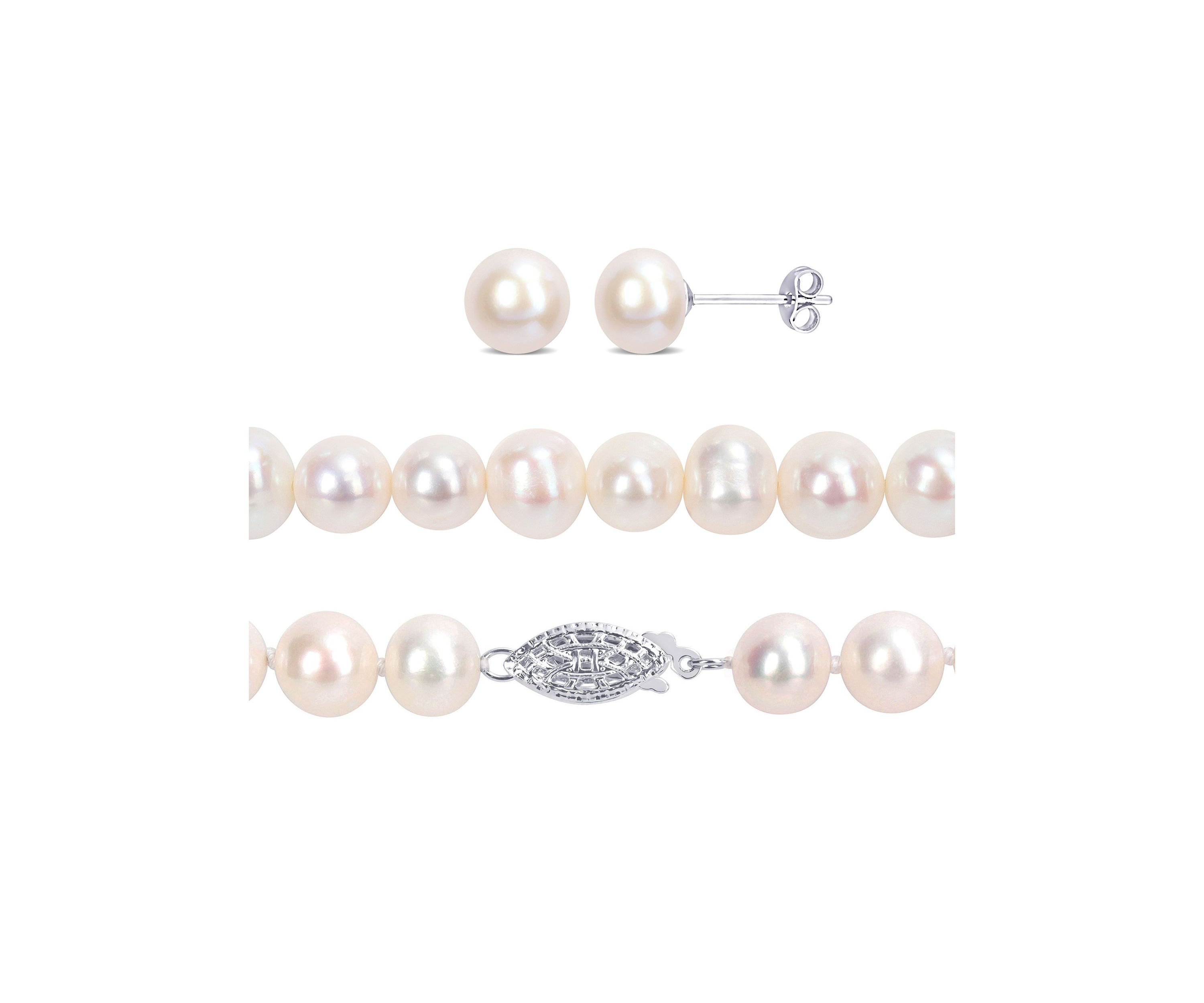 7.5-8MM Freshwater Cultured Pearl 3-Piece Set of Necklace Earrings & Bracelet in Sterling Silver