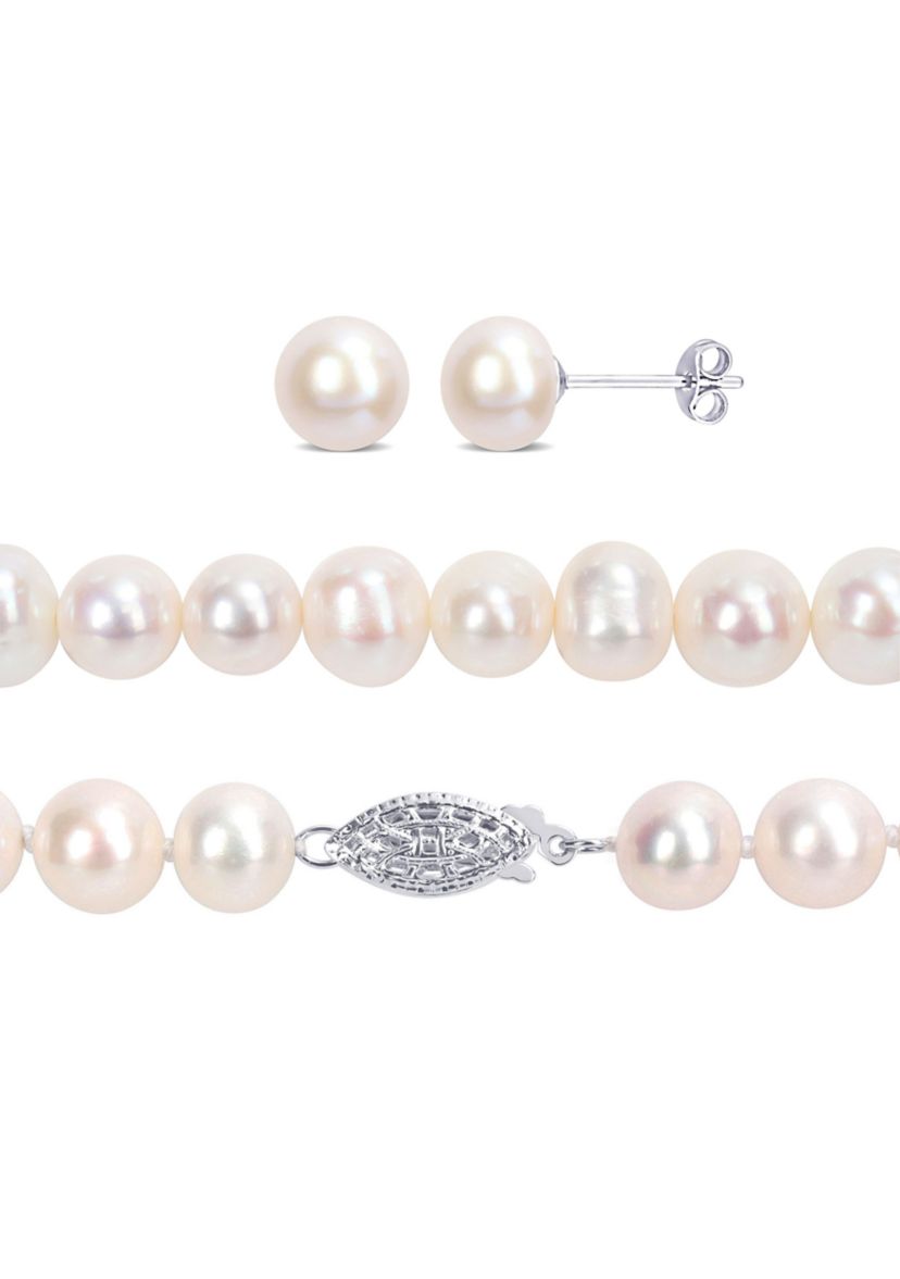 7.5-8MM Freshwater Cultured Pearl 3-Piece Set of Necklace Earrings & Bracelet in Sterling Silver
