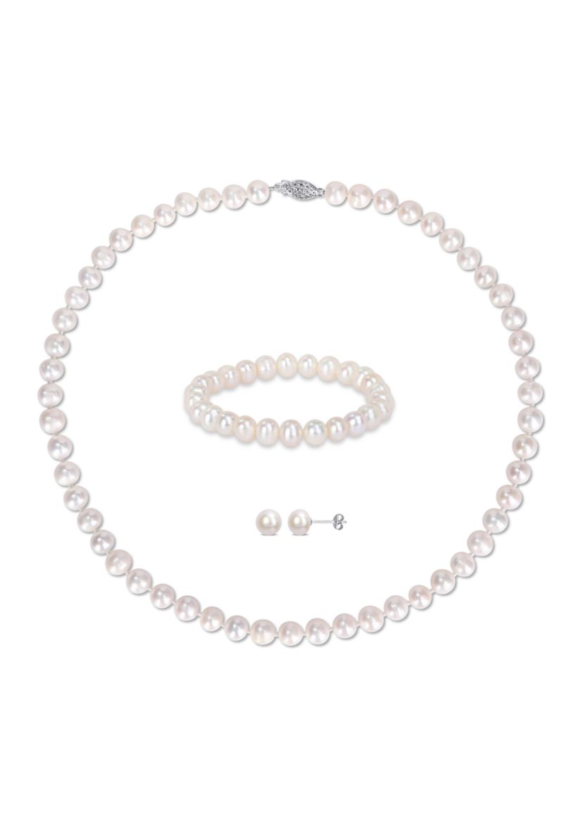 7.5-8MM Freshwater Cultured Pearl 3-Piece Set of Necklace Earrings & Bracelet in Sterling Silver