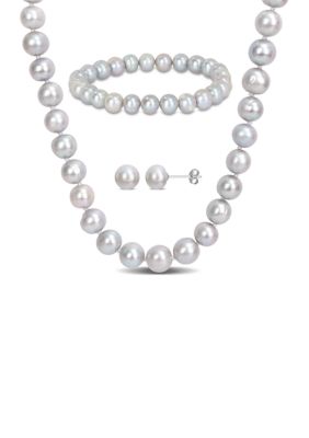 Belk & Co 3-Piece Set of Freshwater Cultured Pearl Necklace, Bracelet, Earrings in Sterling Silver