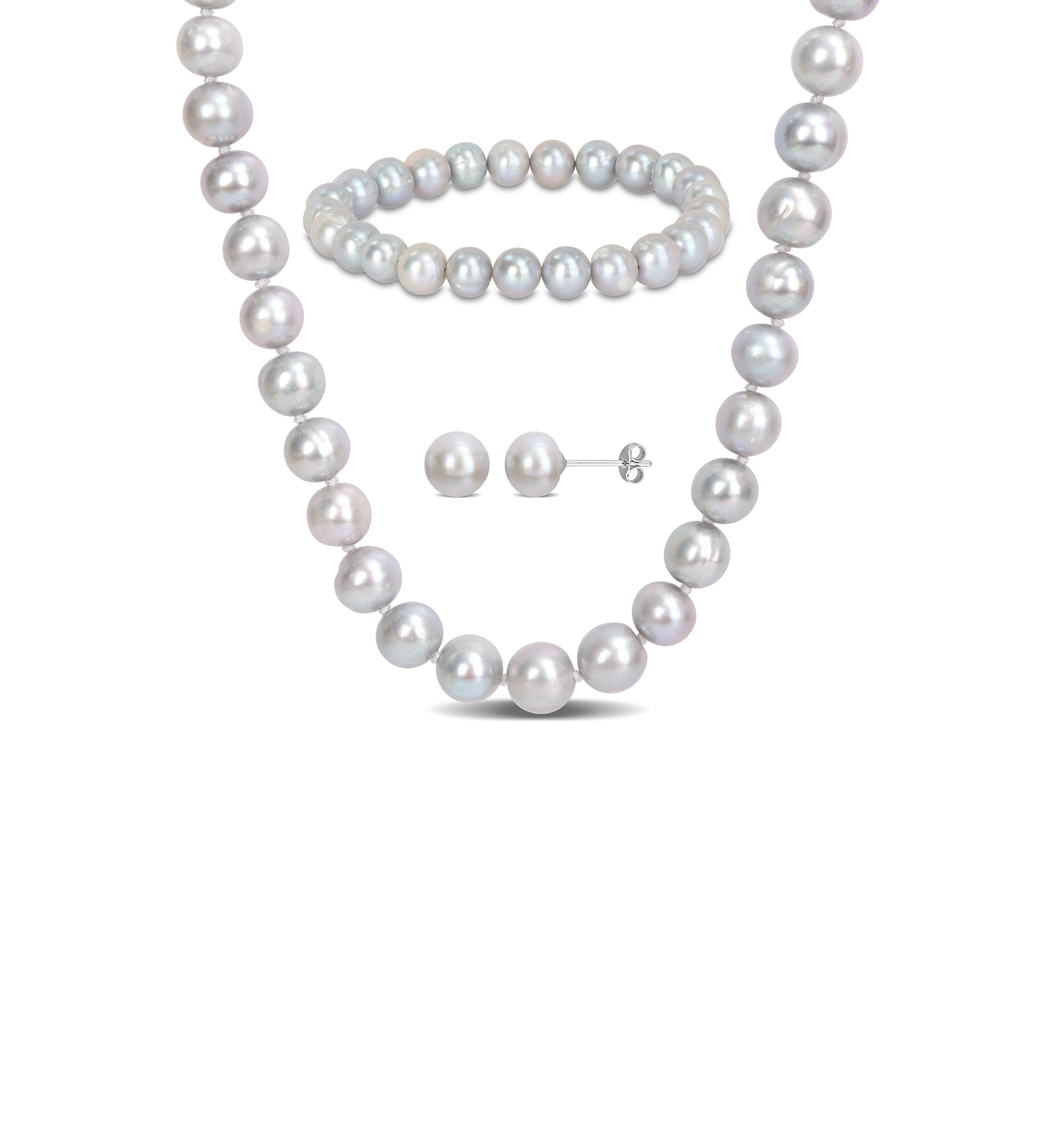 7.5-8MM Grey Freshwater Cultured Pearl 3-Piece Set of Necklace Earrings & Bracelet in Sterling Silver