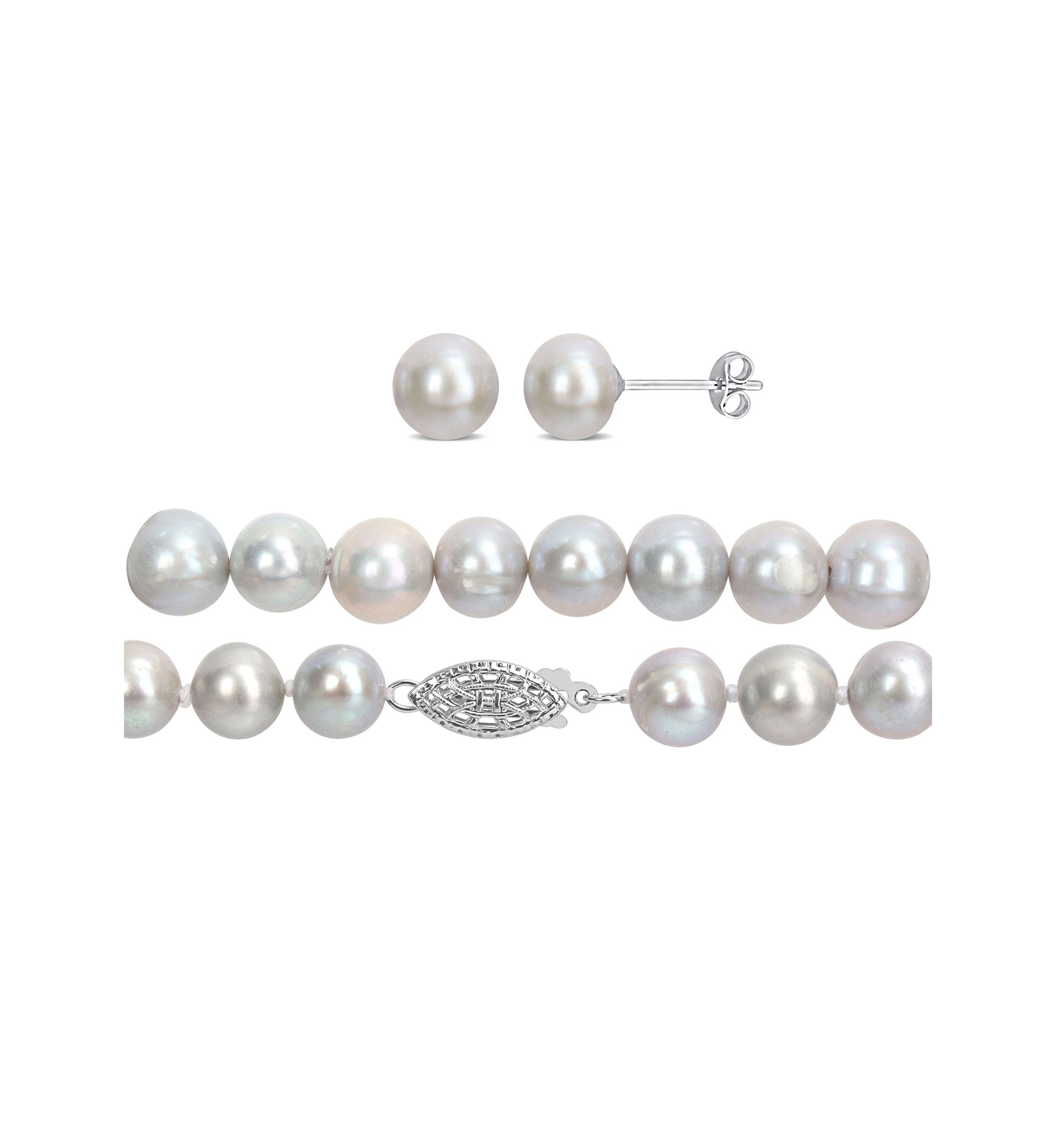 7.5-8MM Grey Freshwater Cultured Pearl 3-Piece Set of Necklace Earrings & Bracelet in Sterling Silver