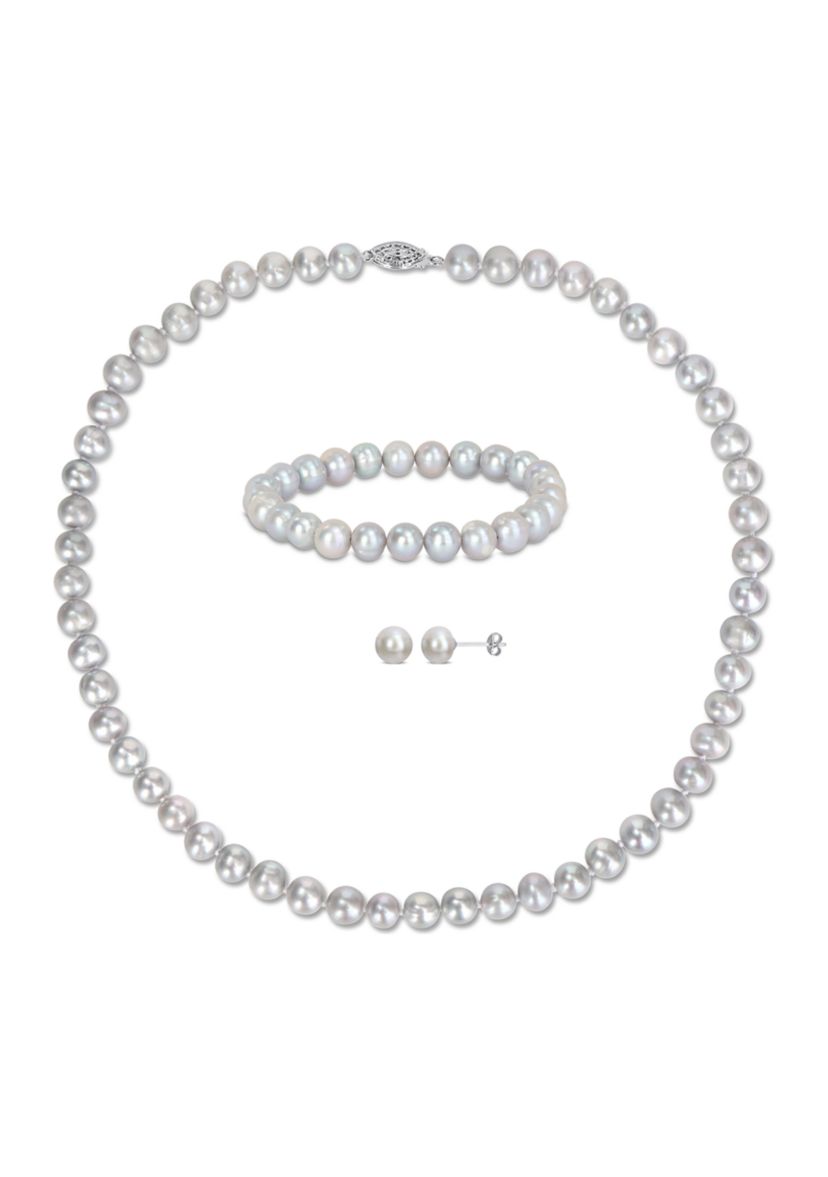 7.5-8MM Grey Freshwater Cultured Pearl 3-Piece Set of Necklace Earrings & Bracelet in Sterling Silver