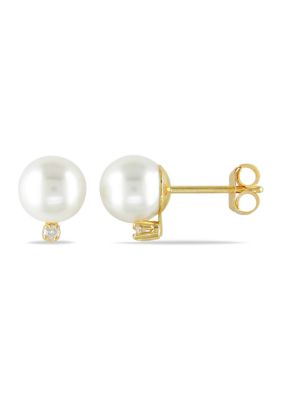 Belk & Co Akoya Cultured Pearl and Diamond Stud Earrings in 14k Yellow Gold
