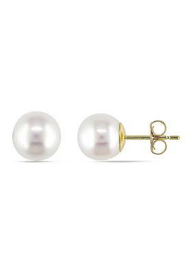 Belk & Co White Cultured Freshwater Pearl Stud Earrings in 14k Yellow Gold