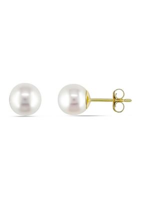 Belk & Co Round Cultured Freshwater White Pearl Stud Earrings in 14k Yellow Gold