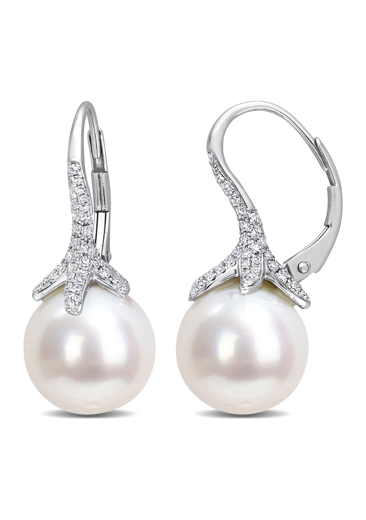 10-10.5mm South Sea Cultured Pearl and 1/2 CT TW Diamond Pearl Drop Leverback Earrings in 14k White Gold