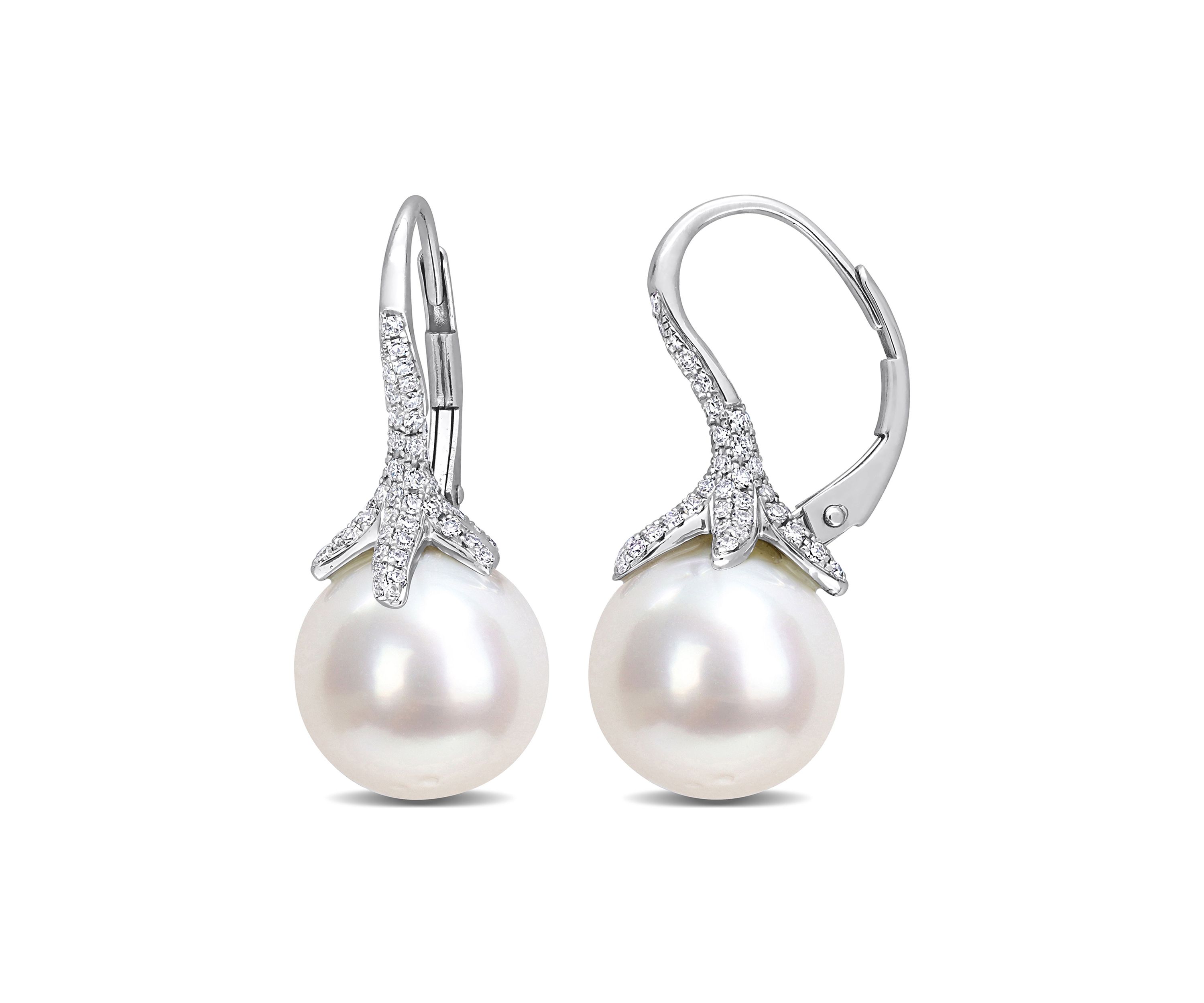 10-10.5mm South Sea Cultured Pearl and 1/2 CT TW Diamond Pearl Drop Leverback Earrings in 14k White Gold