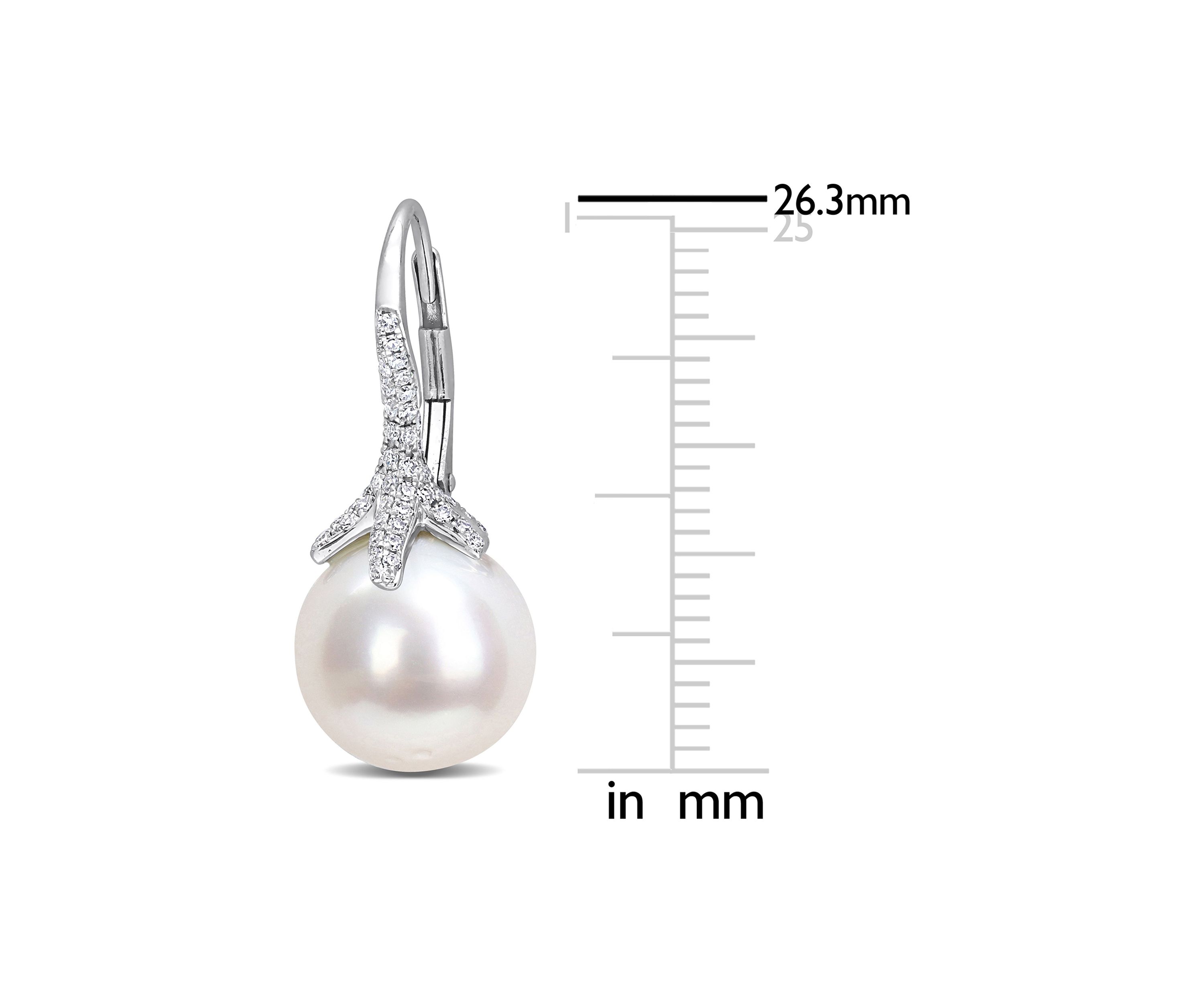 10-10.5mm South Sea Cultured Pearl and 1/2 CT TW Diamond Pearl Drop Leverback Earrings in 14k White Gold