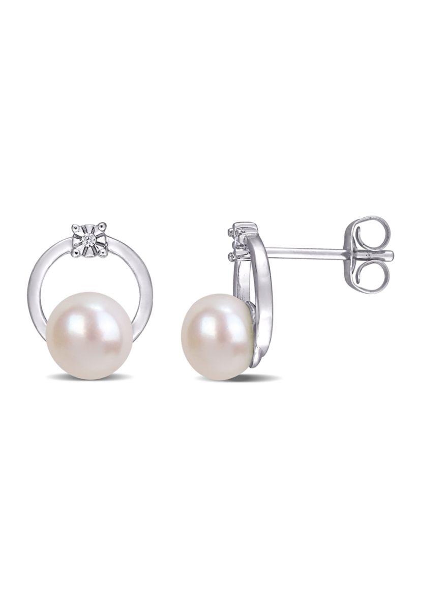 Cultured Freshwater Pearl and Diamond Circle Earrings in 10k White Gold