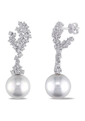 Belk & Co 12.5-13mm Cultured Freshwater Pearl and 2 CT TW Diamond Cluster Drop Earrings in 14k White Gold