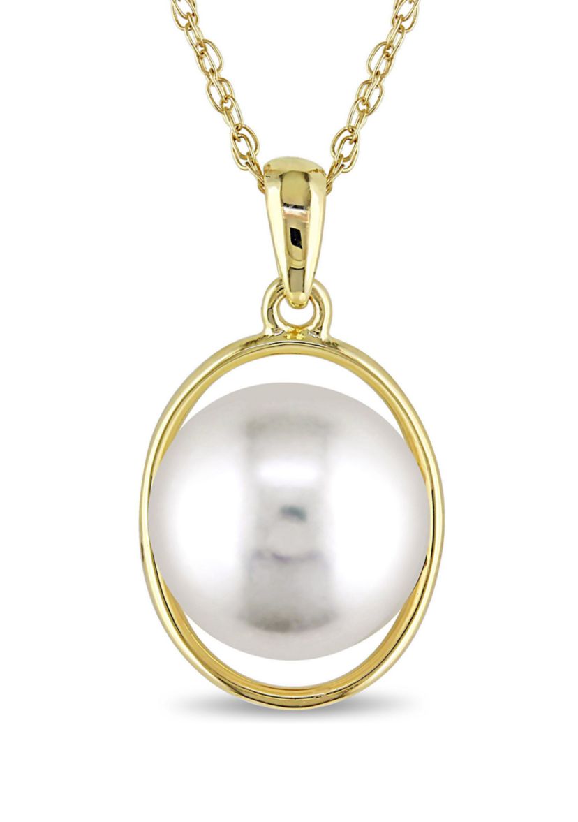 9.5-10mm Cultured Freshwater Pearl Oval Pendant With Chain in 10k Yellow Gold