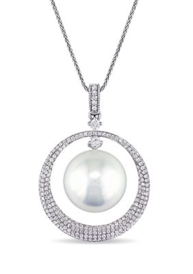 Belk & Co 1 CT TW Diamond and 13-13.5mm South Sea Pearl Floating Halo Pendant With Chain in 14k White Gold