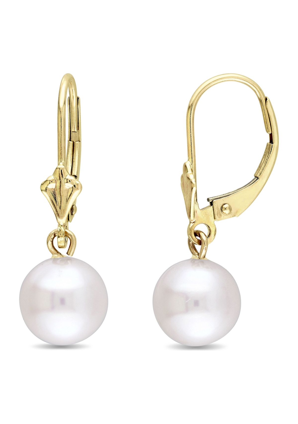8-8.5mm Cultured Freshwater Pearl Drop Leverback Earrings in 10k Yellow Gold
