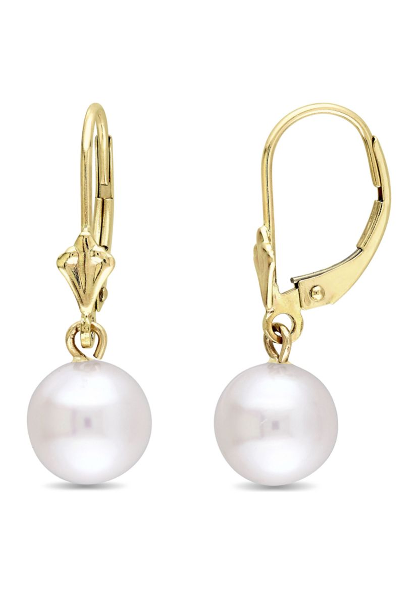 8-8.5mm Cultured Freshwater Pearl Drop Leverback Earrings in 10k Yellow Gold