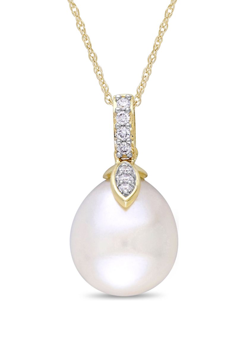 11-11.5mm Cultured Freshwater Pearl Drop Pendant with Chain in 10k Yellow Gold