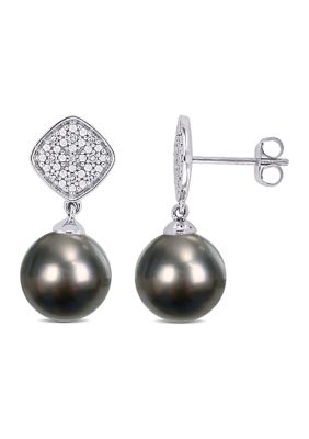 Belk & Co 9-10Mm Black Tahitian Cultured Pearl And 1/10 Ct Tdw Diamond Square Drop Earrings In 10K White Gold