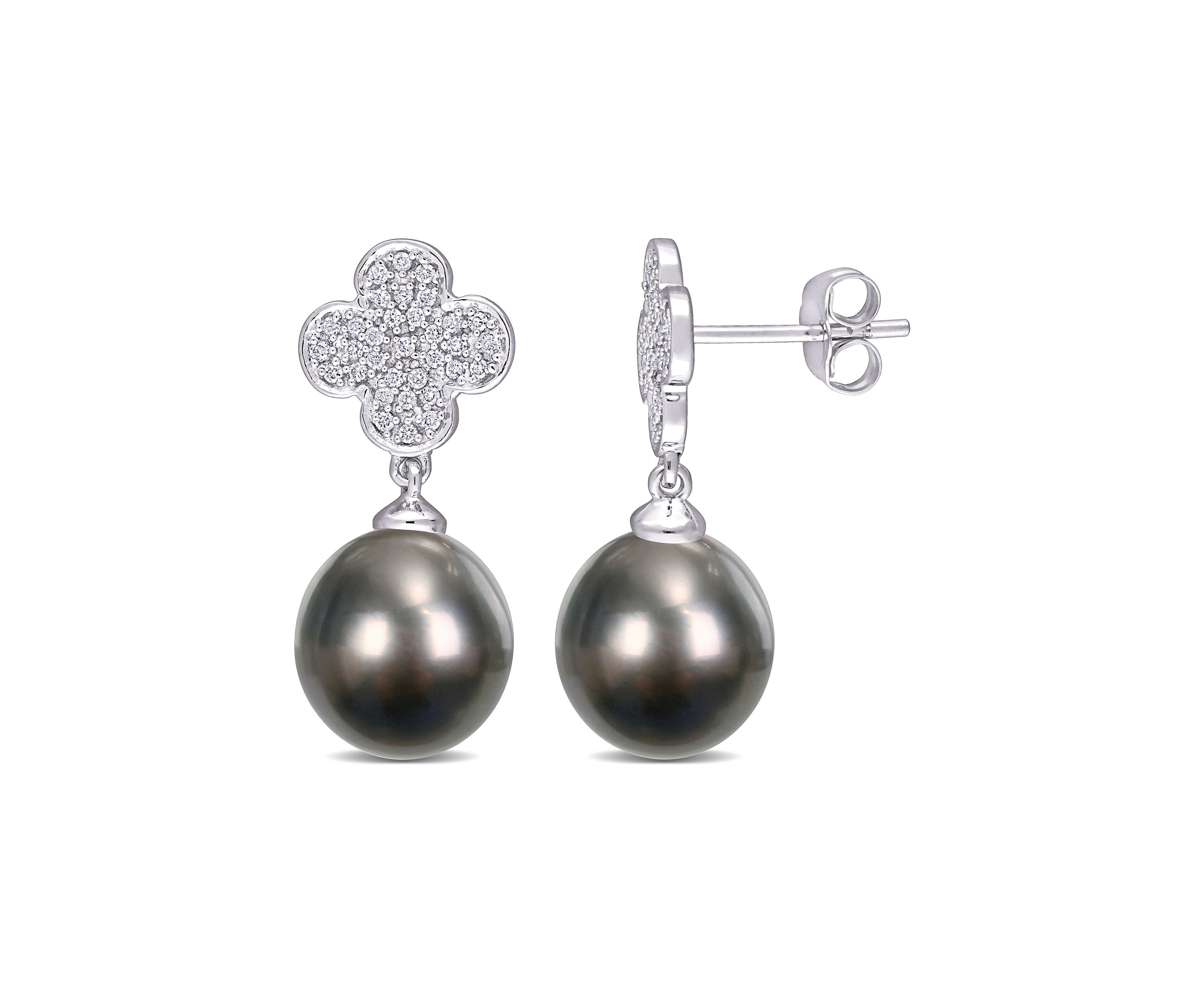10-10.5mm Black Tahitian Cultured Pearl and 1/5 CT TDW Diamond Flower Drop Earrings in 10k White Gold