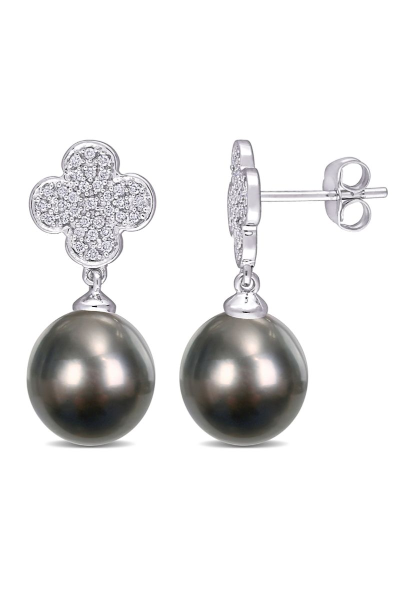 10-10.5mm Black Tahitian Cultured Pearl and 1/5 CT TDW Diamond Flower Drop Earrings in 10k White Gold