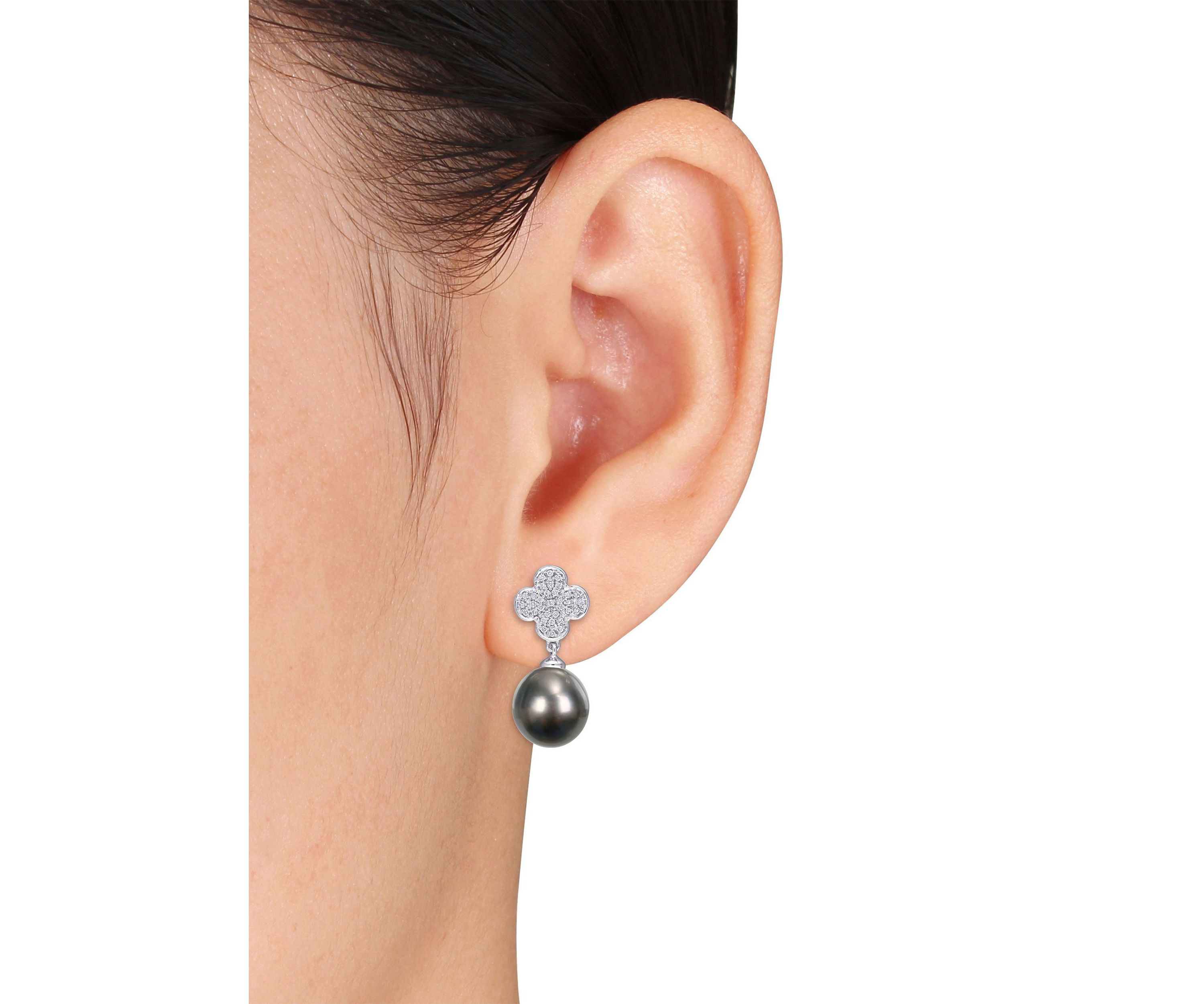 10-10.5mm Black Tahitian Cultured Pearl and 1/5 CT TDW Diamond Flower Drop Earrings in 10k White Gold