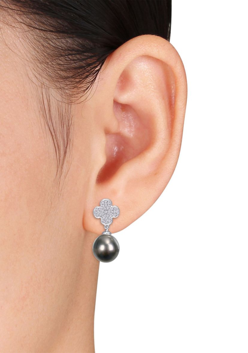 10-10.5mm Black Tahitian Cultured Pearl and 1/5 CT TDW Diamond Flower Drop Earrings in 10k White Gold