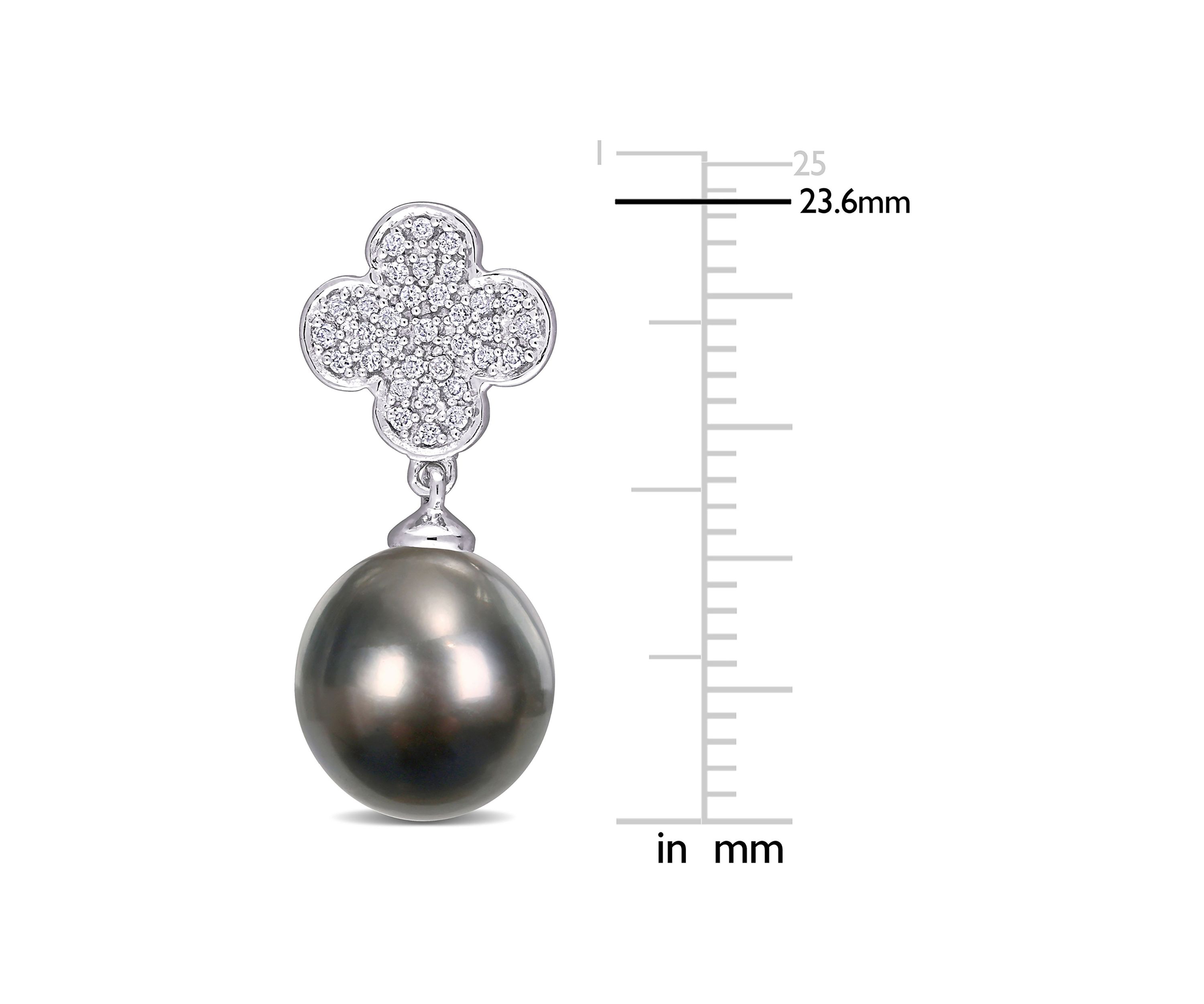10-10.5mm Black Tahitian Cultured Pearl and 1/5 CT TDW Diamond Flower Drop Earrings in 10k White Gold