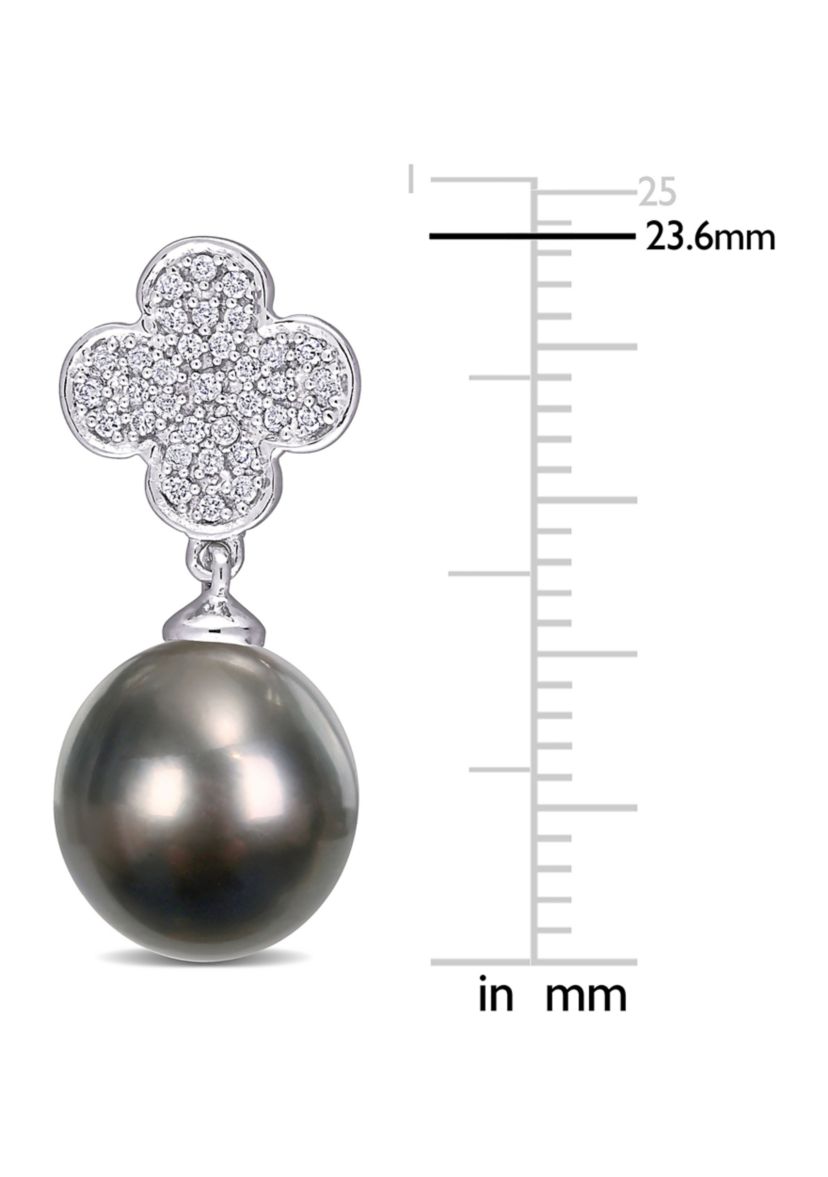 10-10.5mm Black Tahitian Cultured Pearl and 1/5 CT TDW Diamond Flower Drop Earrings in 10k White Gold