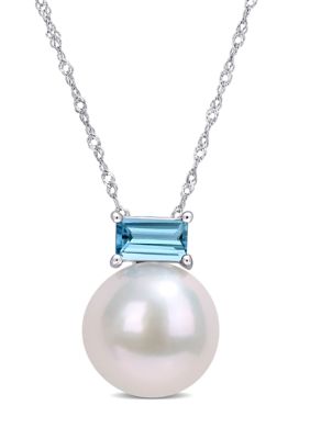 Belk & Co 11-12Mm Cultured Freshwater Pearl And 3/4 Ct Tgw Baguette London Blue Topaz Stud Pendant With Chain In 10K White Gold