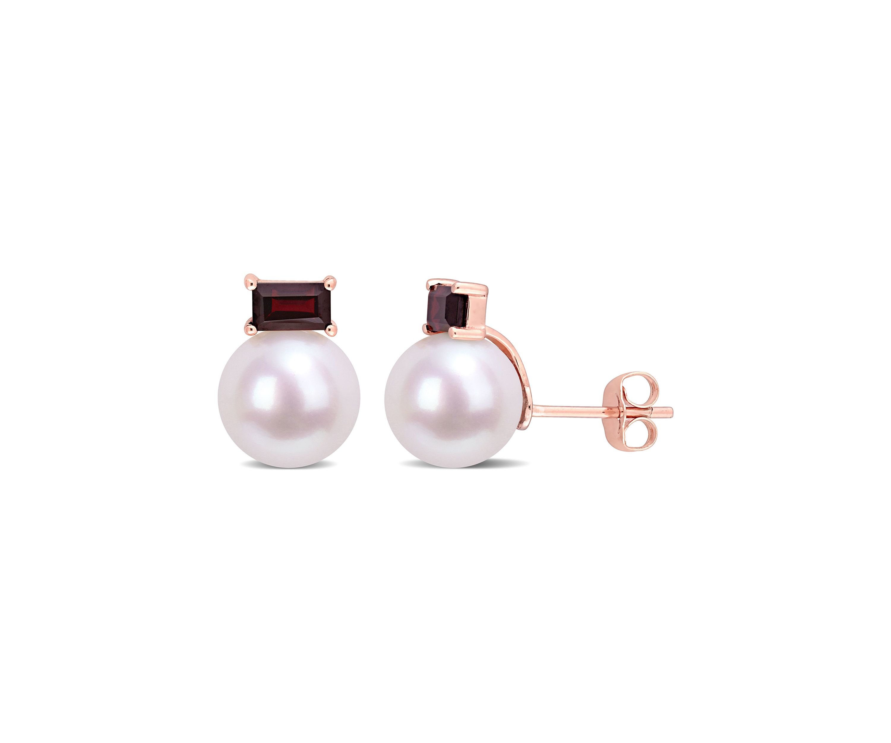 9-9.5mm Cultured Freshwater Pearl and 4/5 CT TGW Garnet Stud Earrings in 10k Rose Gold