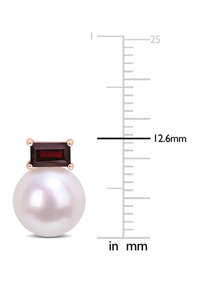 9-9.5mm Cultured Freshwater Pearl and 4/5 CT TGW Garnet Stud Earrings in 10k Rose Gold