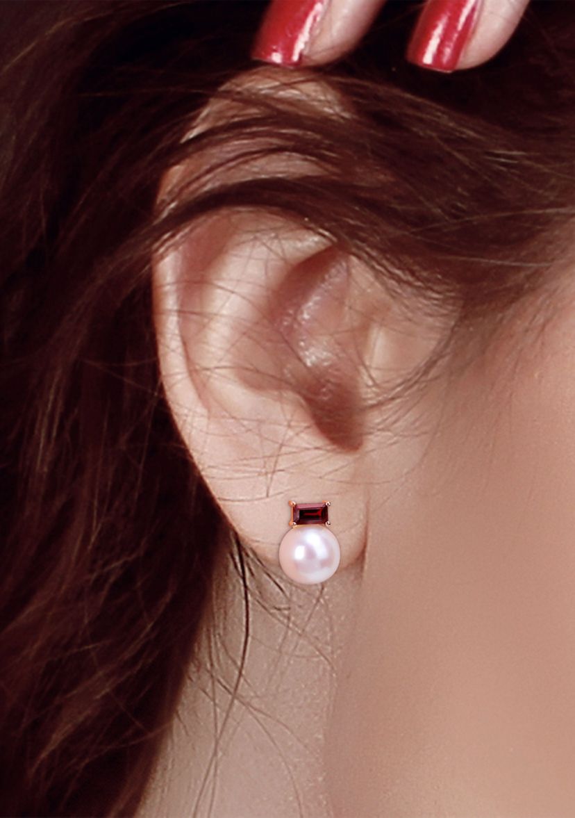 9-9.5mm Cultured Freshwater Pearl and 4/5 CT TGW Garnet Stud Earrings in 10k Rose Gold
