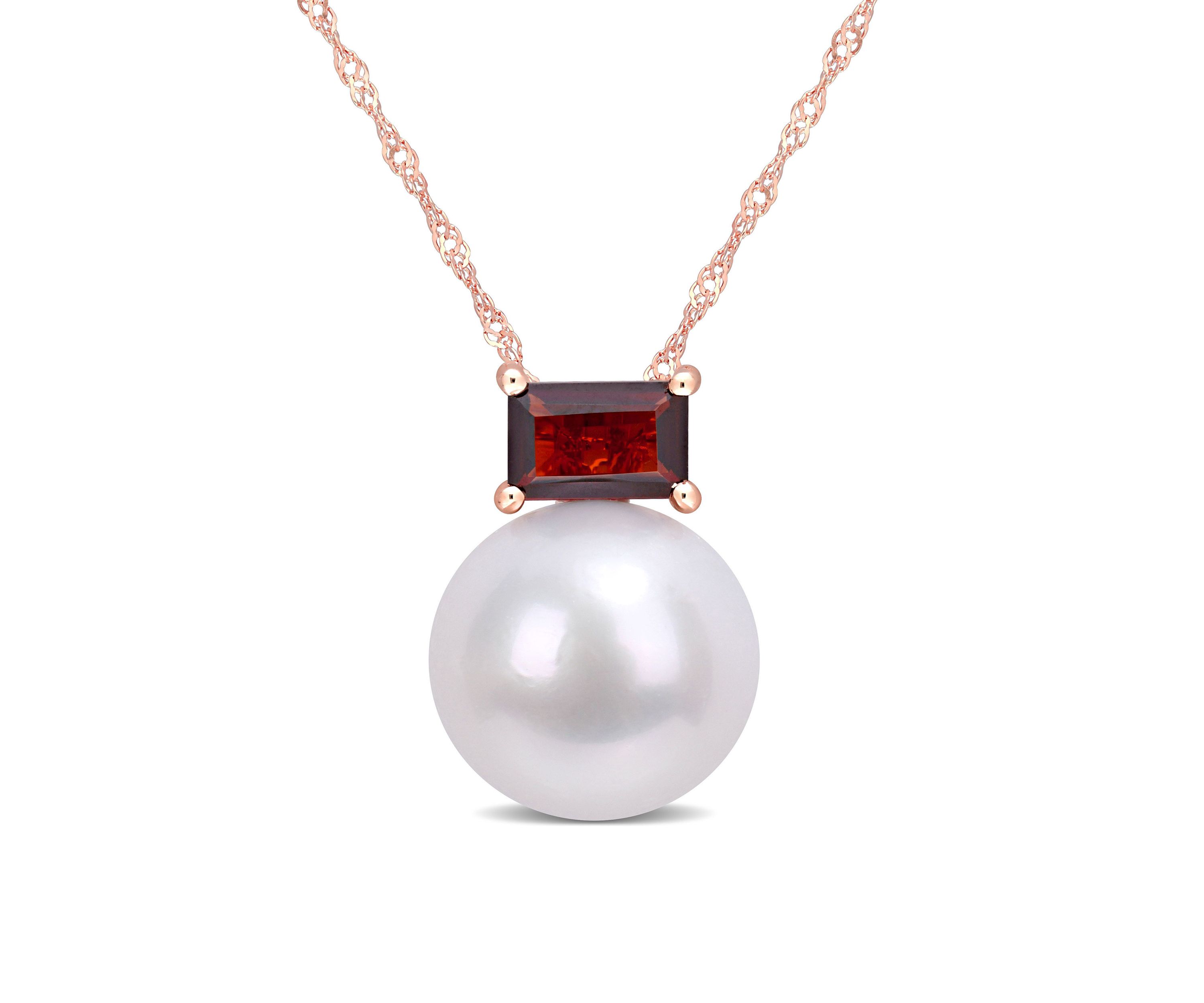 11-12mm Cultured Freshwater Pearl and 3/4 CT TGW Baguette Garnet Stud Pendant with Chain in 10k Rose Gold