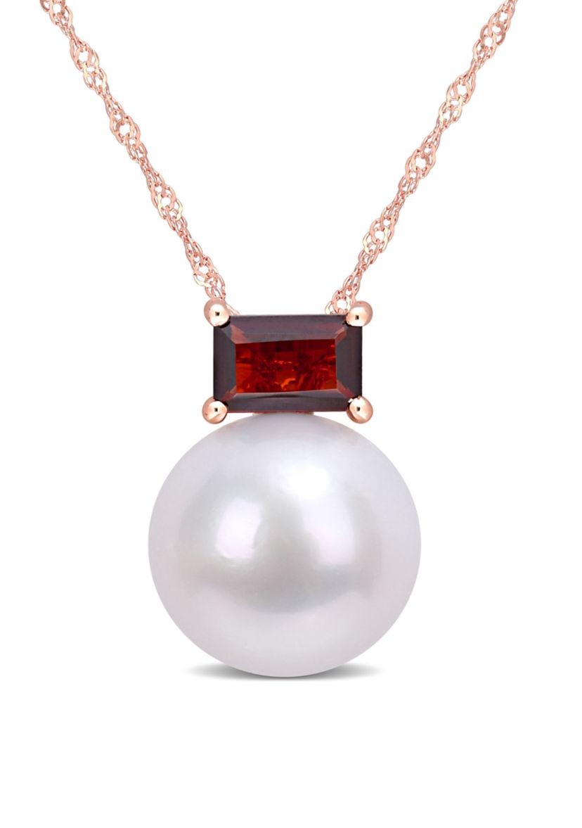 11-12mm Cultured Freshwater Pearl and 3/4 CT TGW Baguette Garnet Stud Pendant with Chain in 10k Rose Gold