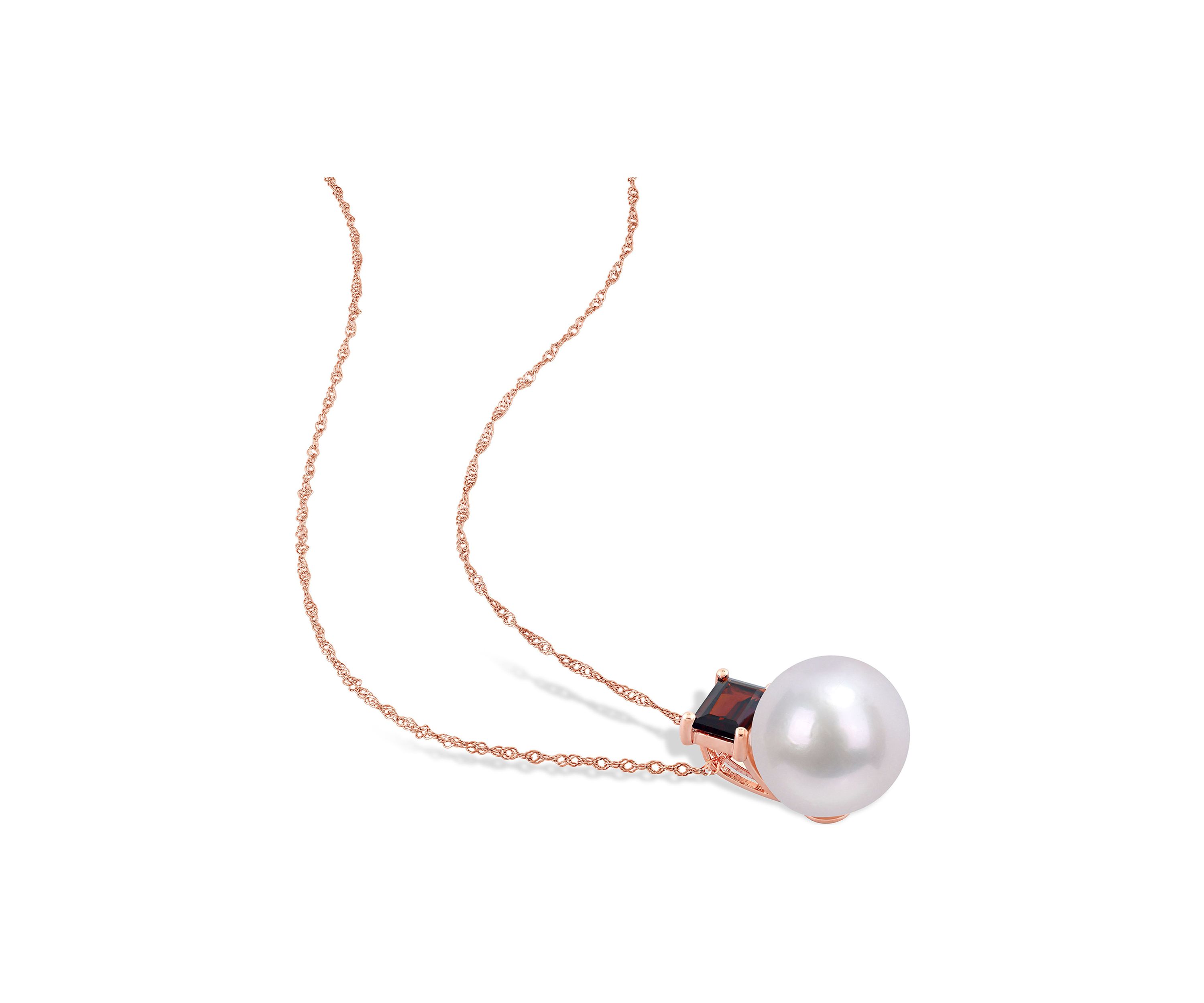 11-12mm Cultured Freshwater Pearl and 3/4 CT TGW Baguette Garnet Stud Pendant with Chain in 10k Rose Gold