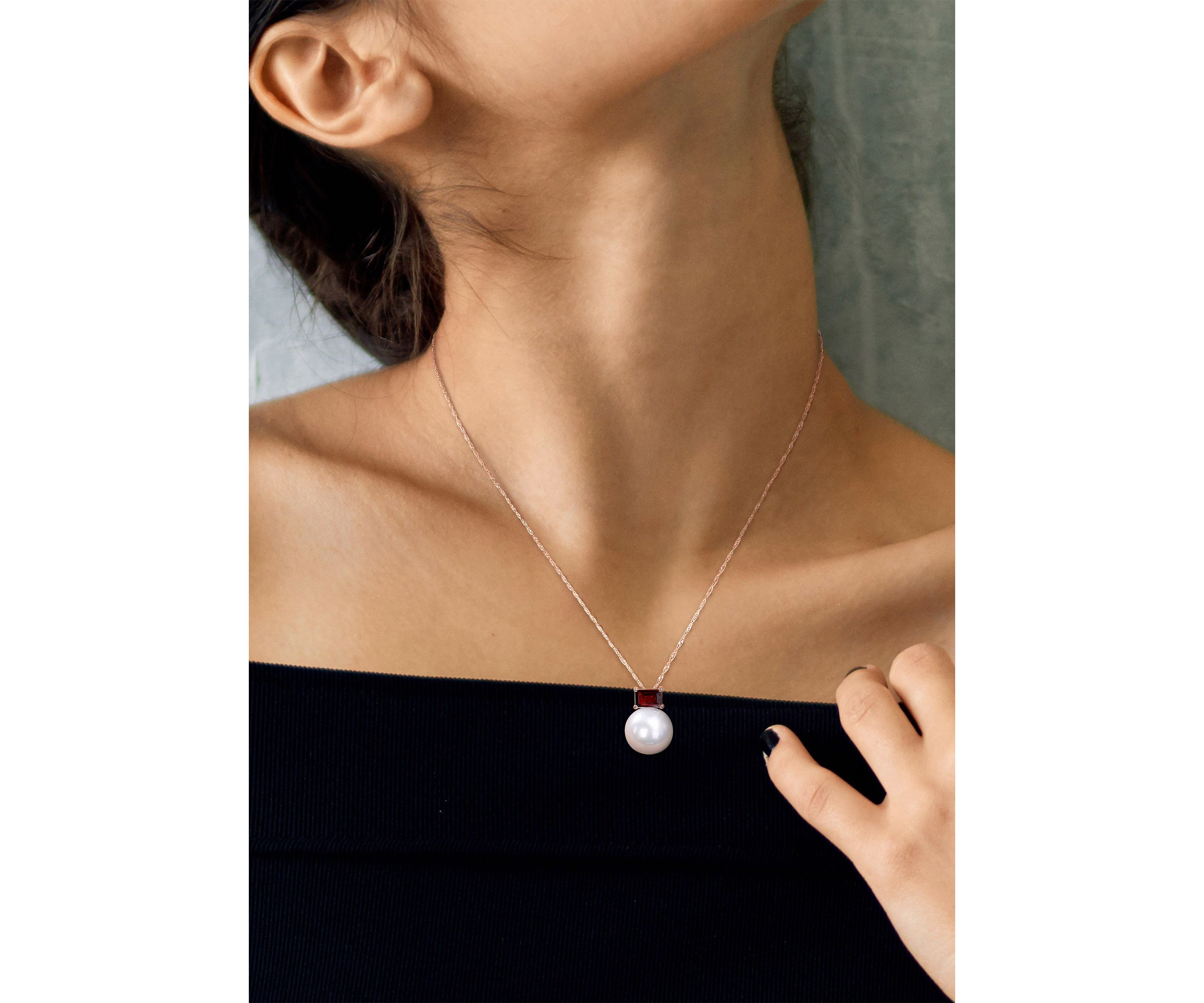 11-12mm Cultured Freshwater Pearl and 3/4 CT TGW Baguette Garnet Stud Pendant with Chain in 10k Rose Gold