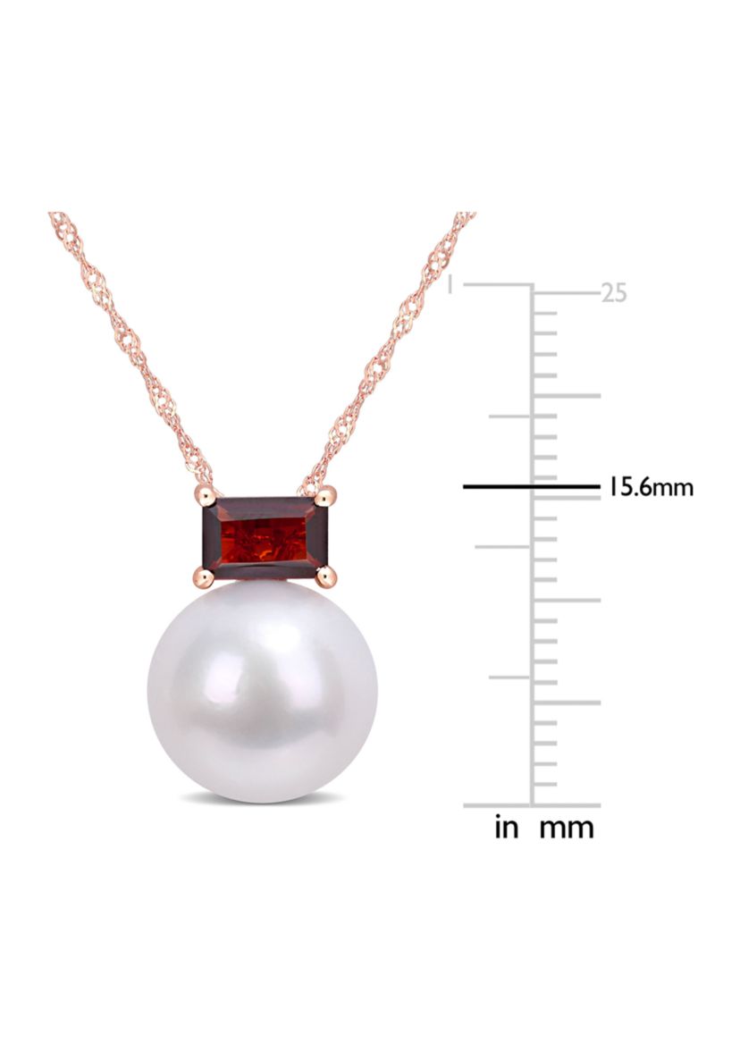 11-12mm Cultured Freshwater Pearl and 3/4 CT TGW Baguette Garnet Stud Pendant with Chain in 10k Rose Gold