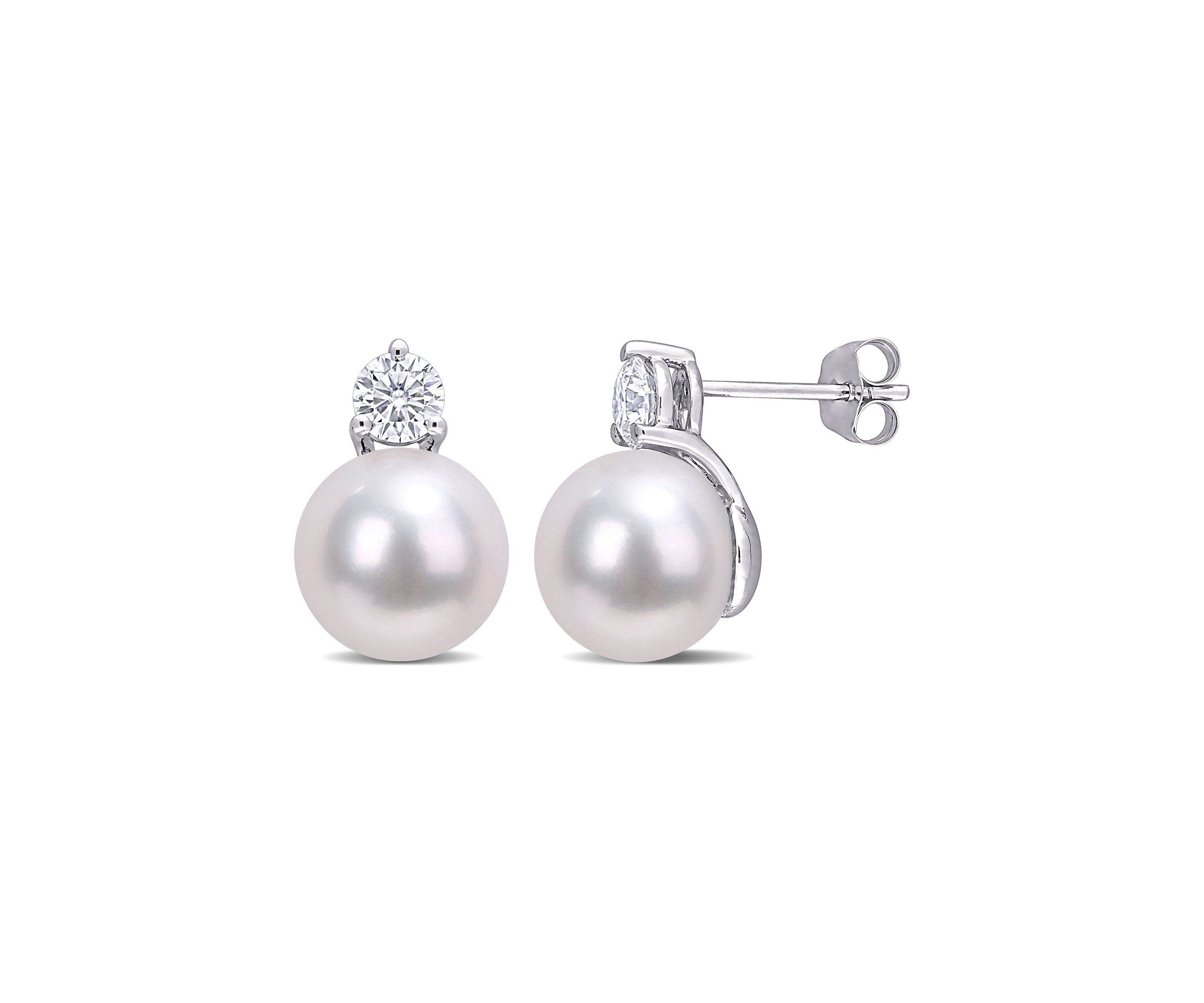 Lab Created 4/5 CT DEW Created Moissanite and 9.5-10mm Freshwater Cultured Pearl Stud Earrings in 14k White Gold
