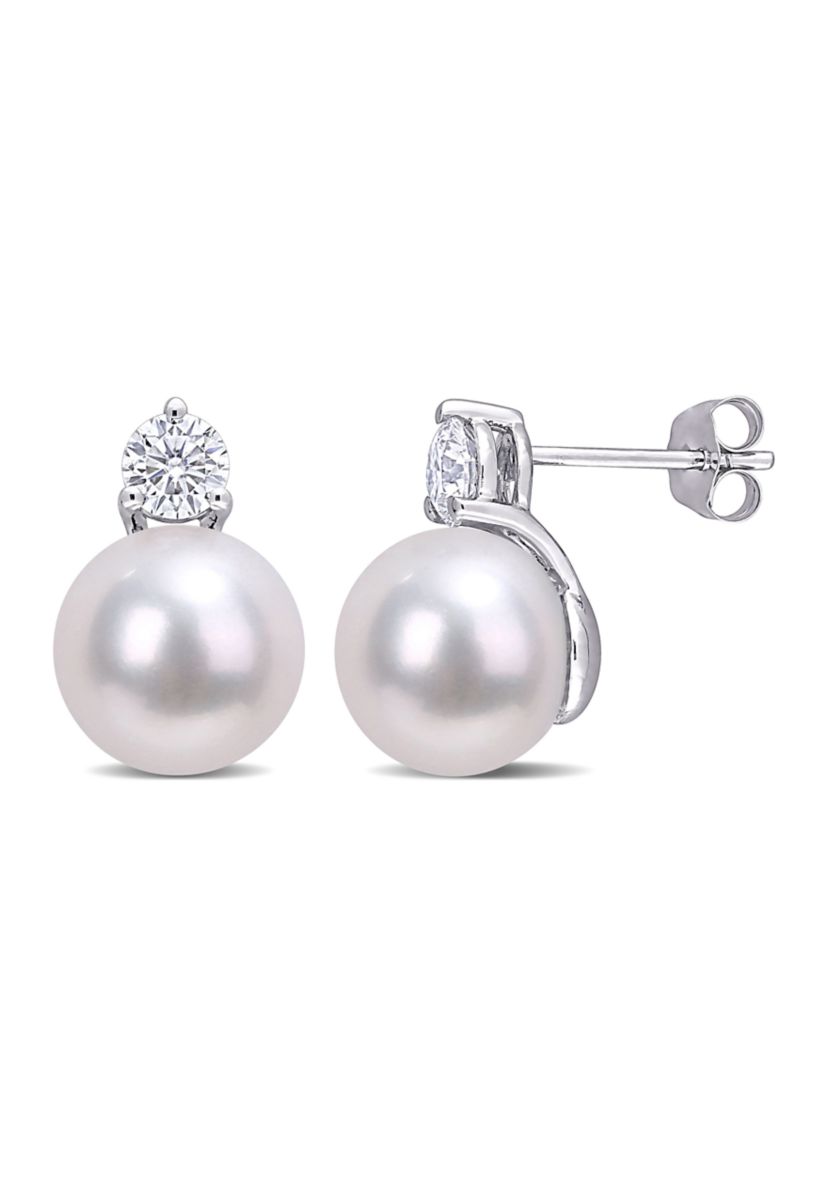 Lab Created 4/5 CT DEW Created Moissanite and 9.5-10mm Freshwater Cultured Pearl Stud Earrings in 14k White Gold
