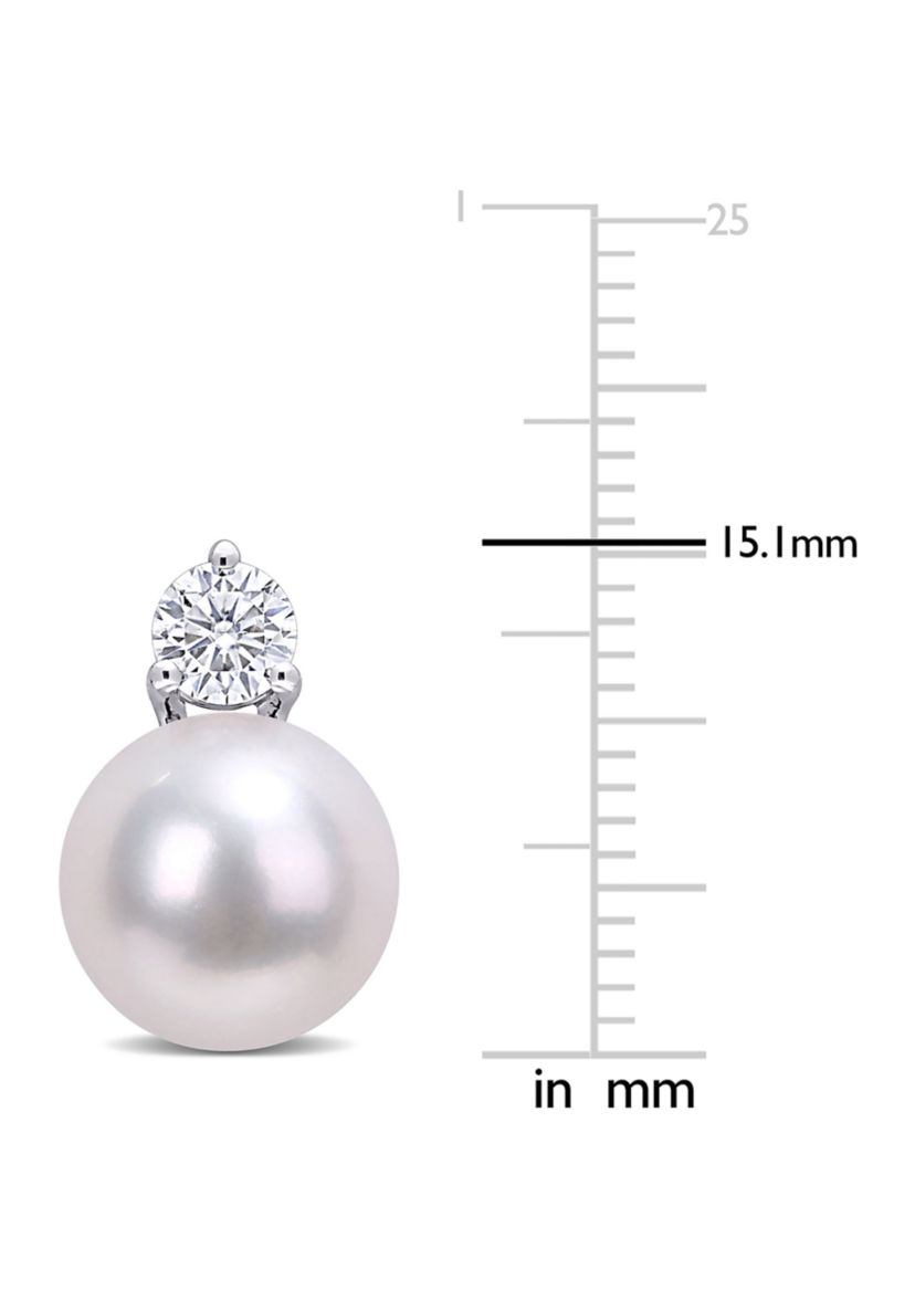 Lab Created 4/5 CT DEW Created Moissanite and 9.5-10mm Freshwater Cultured Pearl Stud Earrings in 14k White Gold