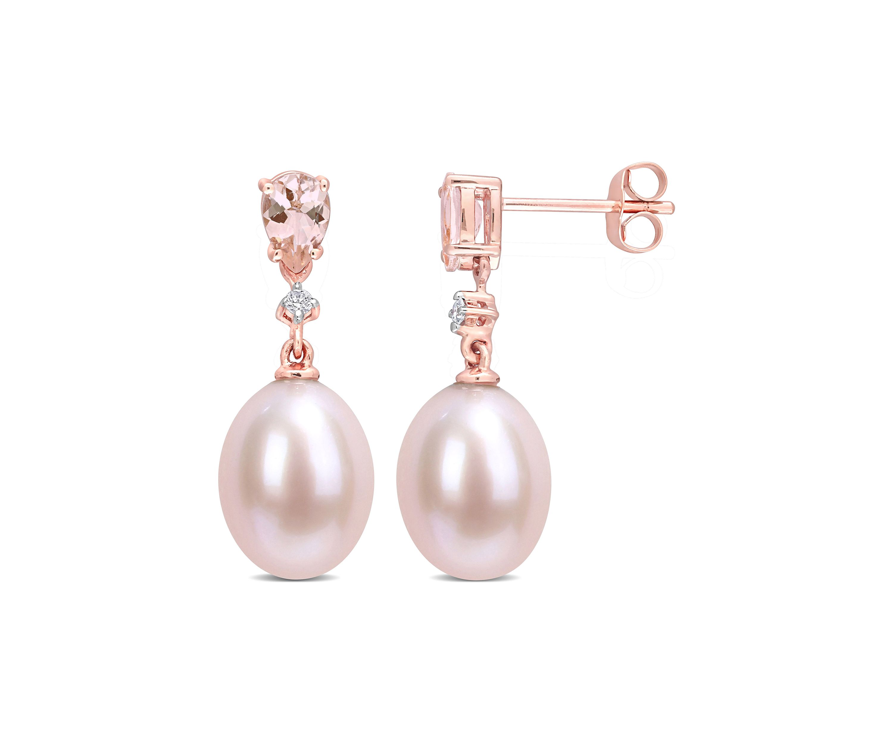 9-9.5mm Cultured Freshwater Pink Pearl with 4/5 Ct TGW Pear Shape Morganite and Diamond Accent Drop Earrings in 10k Rose Gold