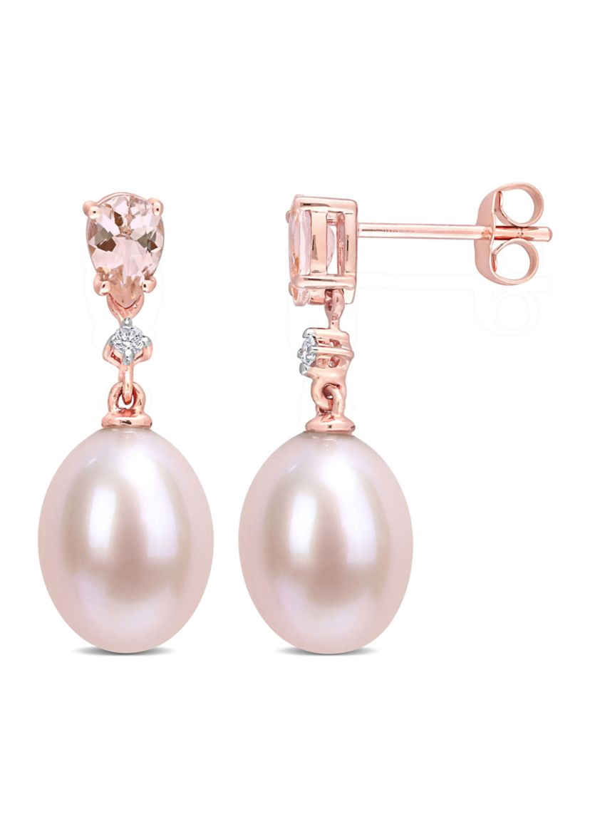 9-9.5mm Cultured Freshwater Pink Pearl with 4/5 Ct TGW Pear Shape Morganite and Diamond Accent Drop Earrings in 10k Rose Gold