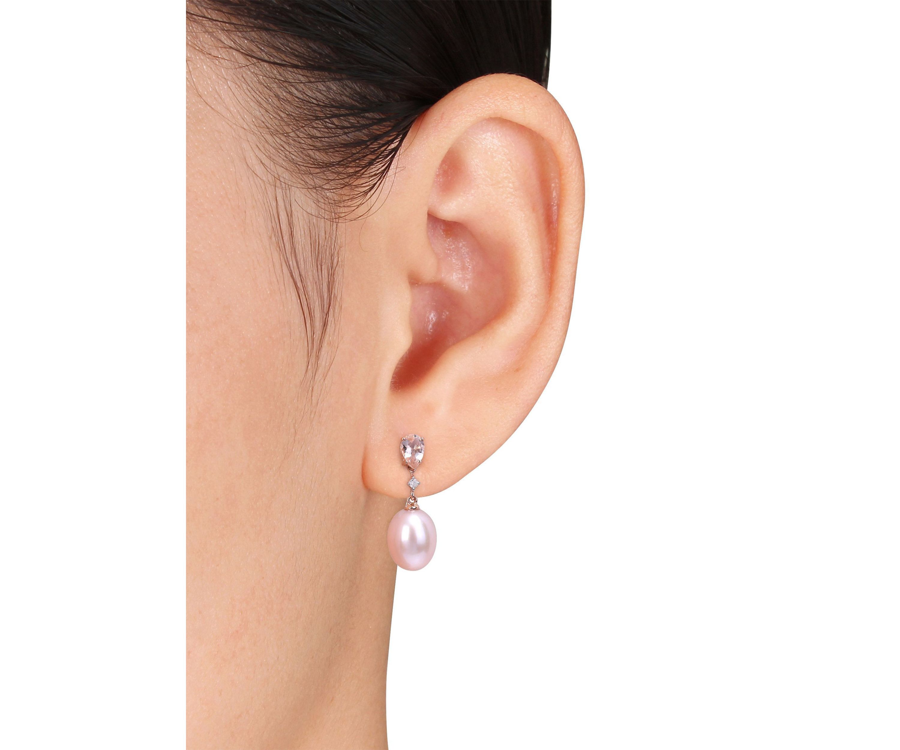 9-9.5mm Cultured Freshwater Pink Pearl with 4/5 Ct TGW Pear Shape Morganite and Diamond Accent Drop Earrings in 10k Rose Gold