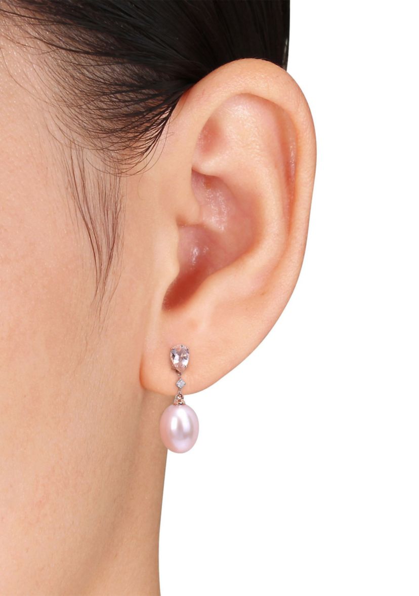 9-9.5mm Cultured Freshwater Pink Pearl with 4/5 Ct TGW Pear Shape Morganite and Diamond Accent Drop Earrings in 10k Rose Gold